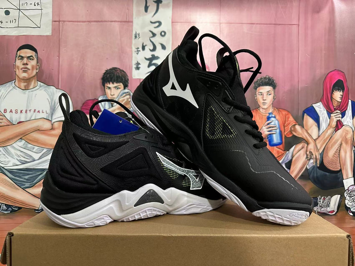 Side view of black Mizuno Wave Momentum 3 shoes with white side logos and outsoles.