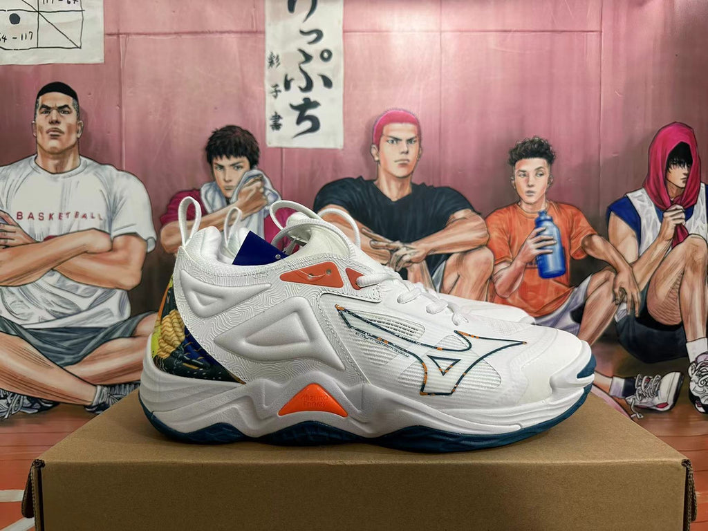 Side view of a white Mizuno Wave Momentum 3 shoe with orange accents, a patterned heel, and dark blue outsole.
