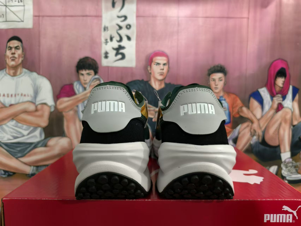 Rear view of PUMA sneakers showing gray heel tabs, black panels and white sculpted soles