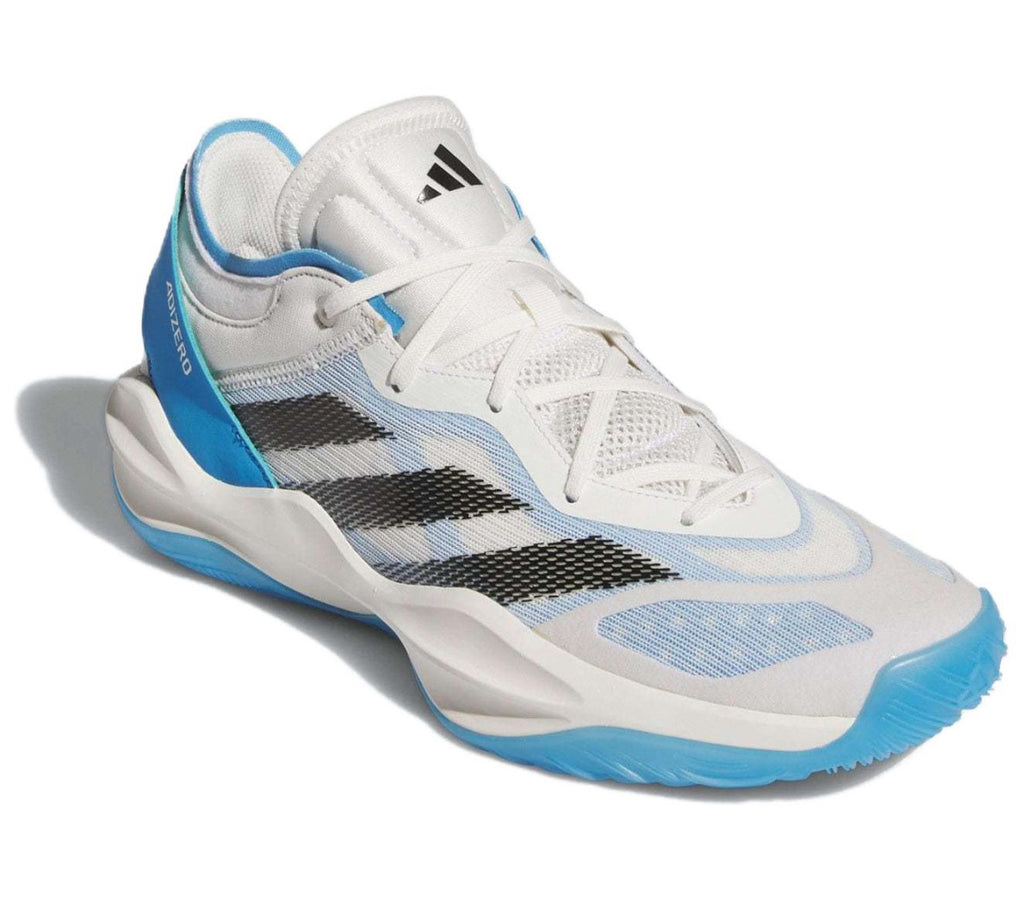 Angled front view of the Adidas Adizero shoe with white laces and blue outsole.