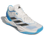 Angled front view of the Adidas Adizero shoe with white laces and blue outsole.