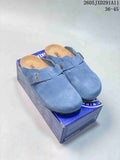 Blue two-buckle closed-toe clog sandals displayed on a Birkenstock-branded box.