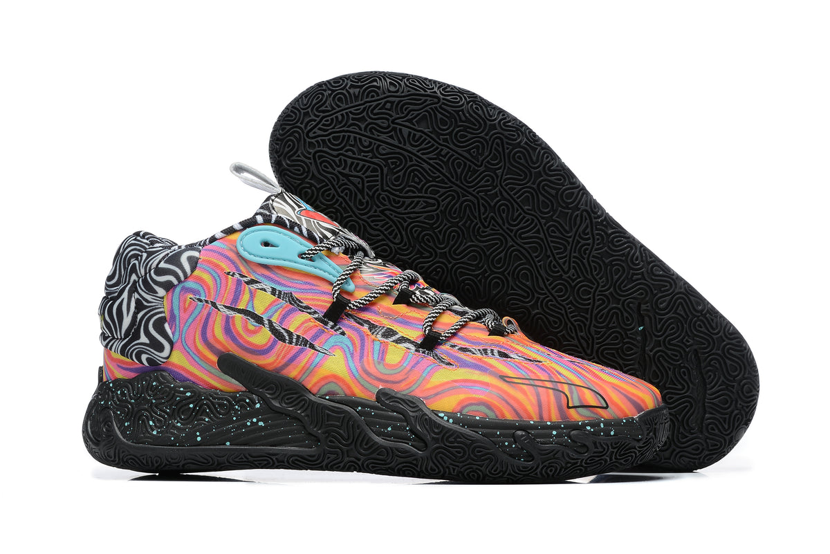 Multicolor PUMA LaMelo Ball basketball shoe with a black patterned outsole.