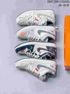 Four low-top sneakers displayed side by side, showing different light and dark panel designs.