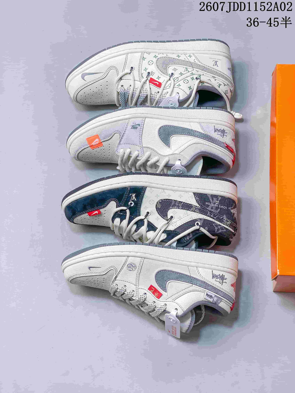 Four low-top sneakers displayed side by side, showing different light and dark panel designs.