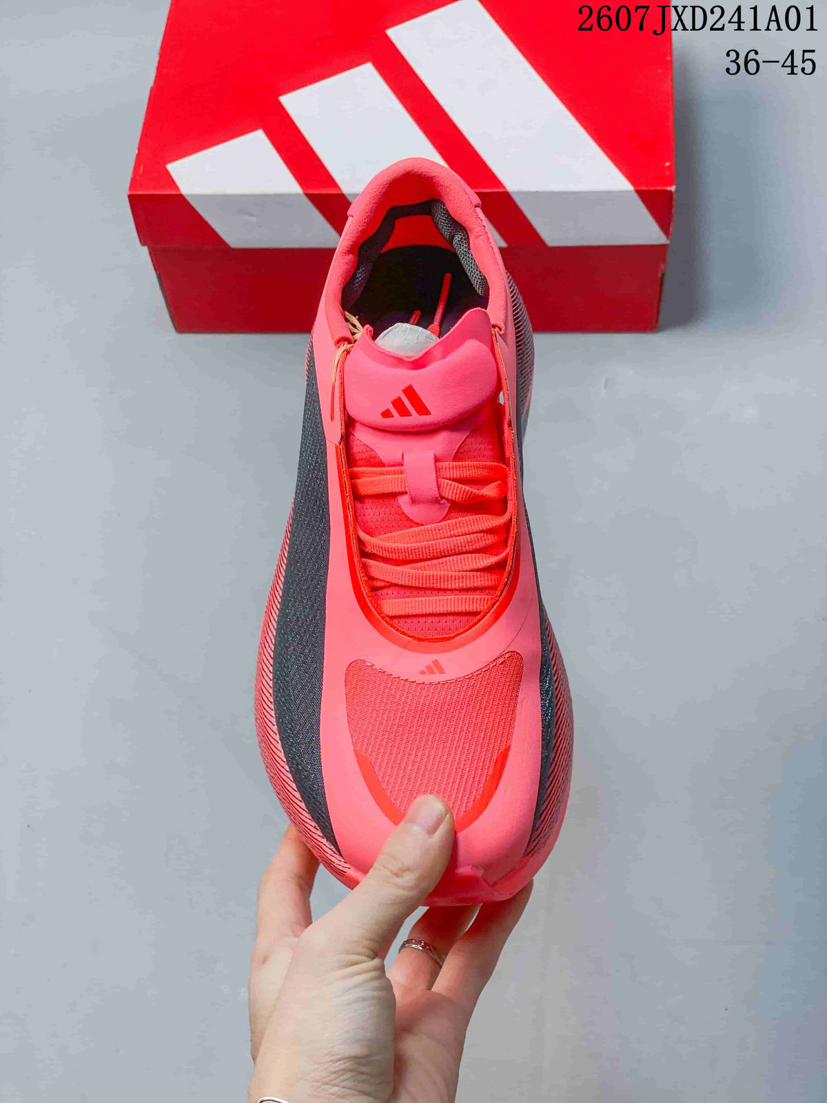 Top view of the pink lace-up running shoe with dark side panels