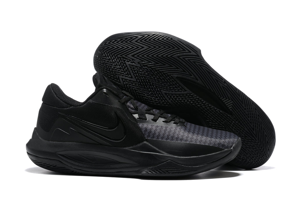 All-black basketball shoe with a dark patterned outsole.