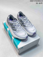 Pair of gray and light purple adidas running shoes displayed on an adidas shoebox, with the image text showing style code 2607JYD290A10 and size range 36–46.