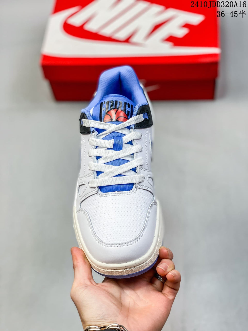 Front view of the Nike Full Force LO sneaker showing white laces, blue tongue, perforated toe panel and black-and-blue tongue detailing.
