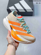 Side profile of a beige running shoe with orange accents and turquoise laces