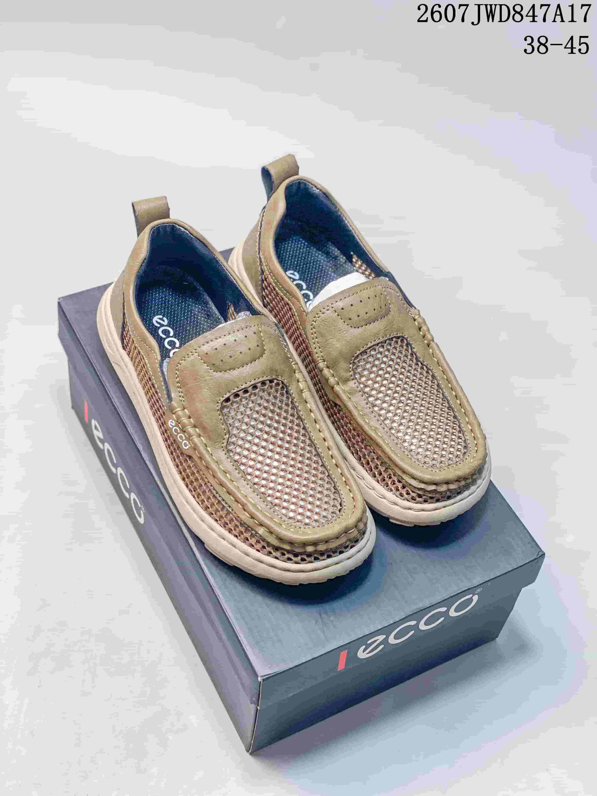 Pair of olive-tan ECCO slip-on mesh sneakers displayed on an ECCO shoe box; the image shows style code 2607 JWD847A17 and size range 38–45.