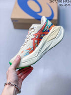 Side profile of the cream running sneaker showing the multicolor ASICS side design, sculpted midsole and green outsole edge; image text shows 2607JHD114A24 and 36–45 half sizes.