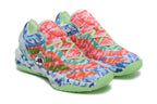 Pair of colorful camouflage Adidas basketball sneakers viewed at an angle