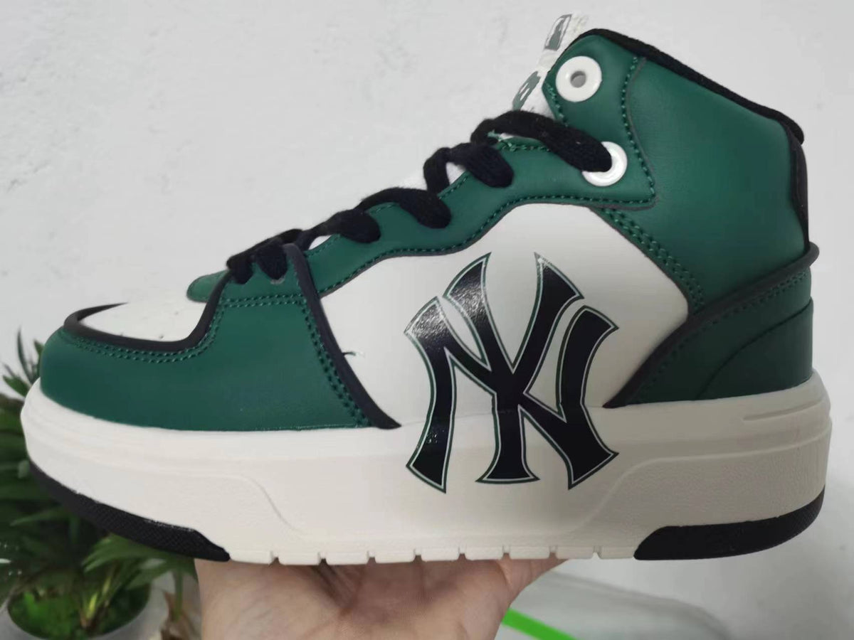 Green and white high-top sneaker with black laces, a prominent NY side logo, and a white sole.