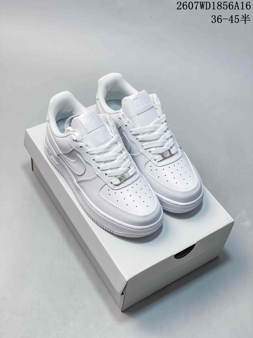 Pair of white Nike Air Force 1 '07 Low sneakers displayed on a shoebox; source text shows style code 2607WD1856A16 and size range 36–45.5.
