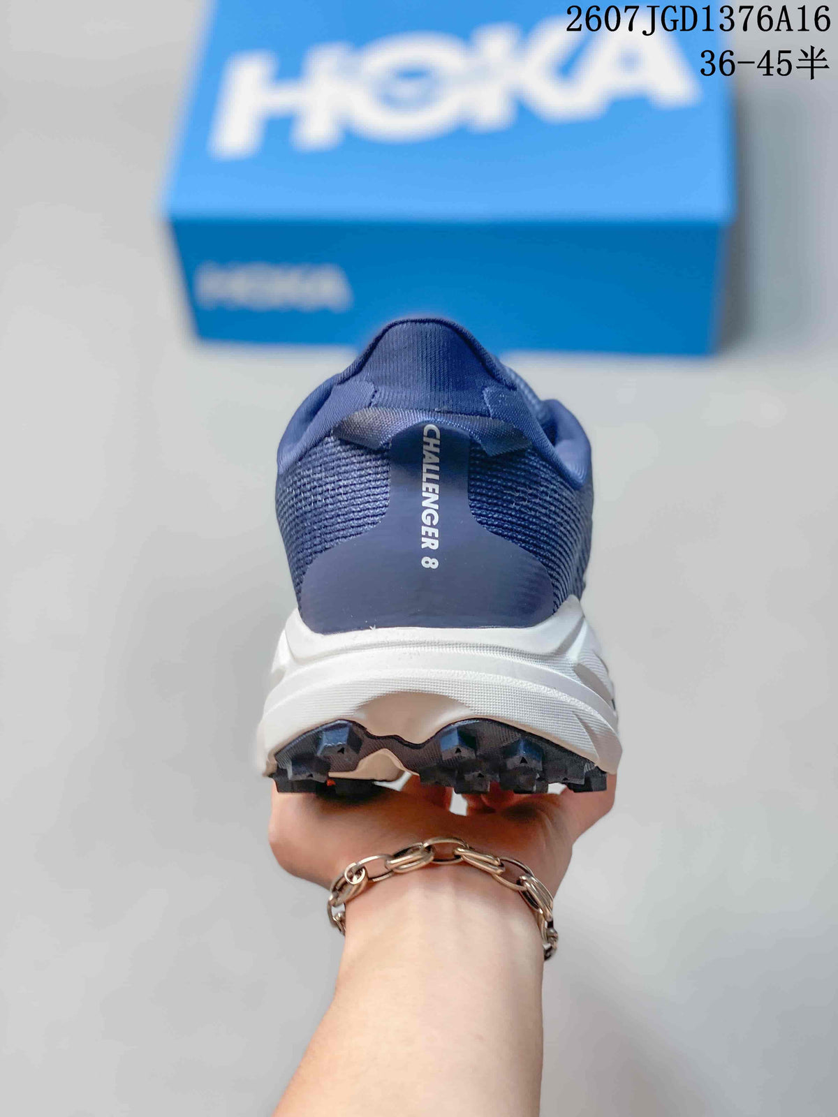 Rear view of the blue running shoe with Challenger 8 text visible on the heel.