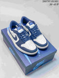 Pair of white and blue Air Jordan 1 Low sneakers on a blue shoebox