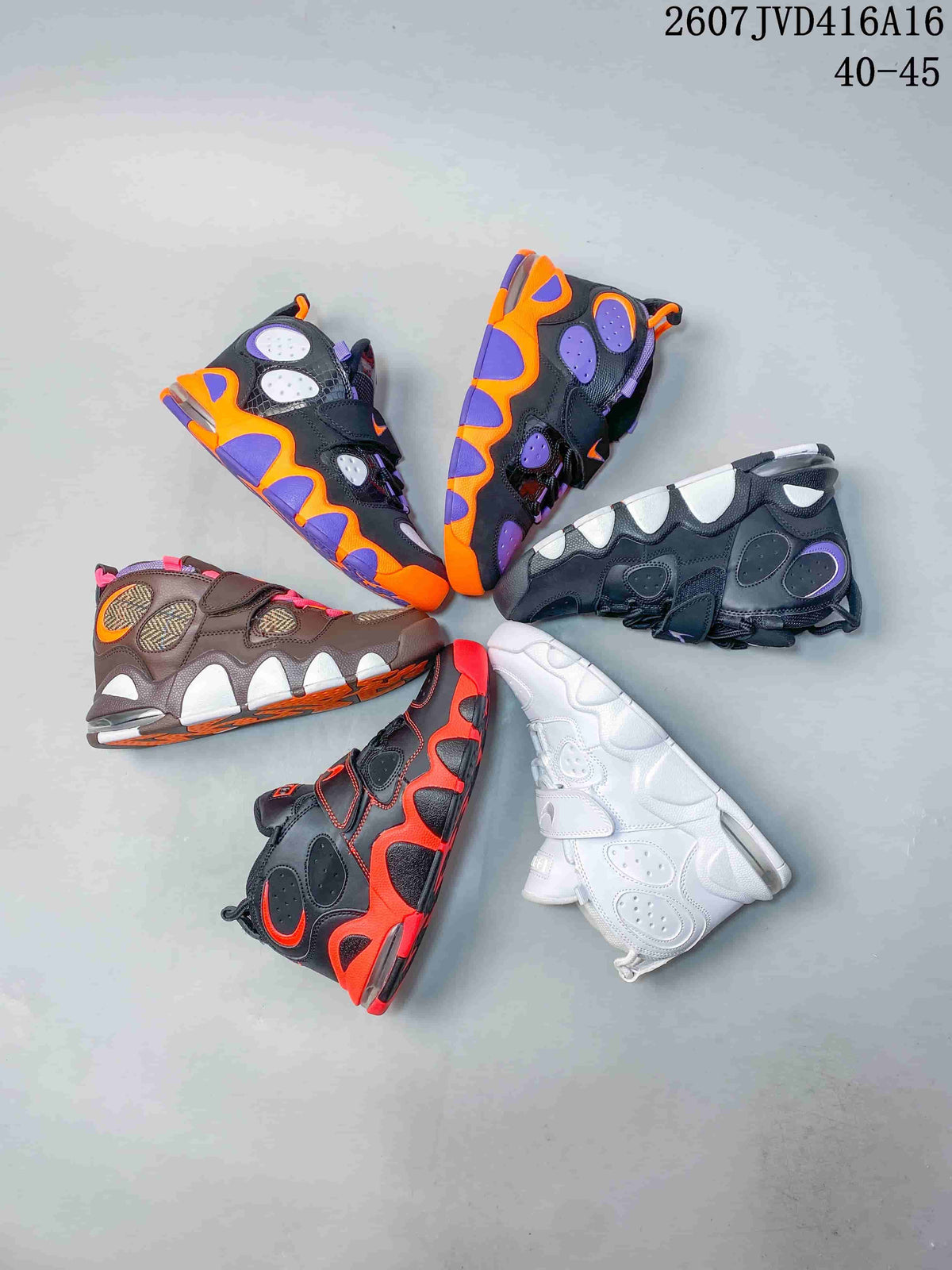 Multiple Nike high-top sneaker colorways arranged together, including black and orange, black and red, all white, dark gray, and black with white accents; style code 2607JVD416A16 and size range 40–45 are overlaid.