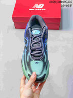 Top view of the lace-up shoe with a blue and mint patterned upper