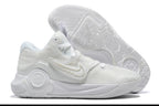 All-white Nike KD basketball shoes with a matching textured outsole.
