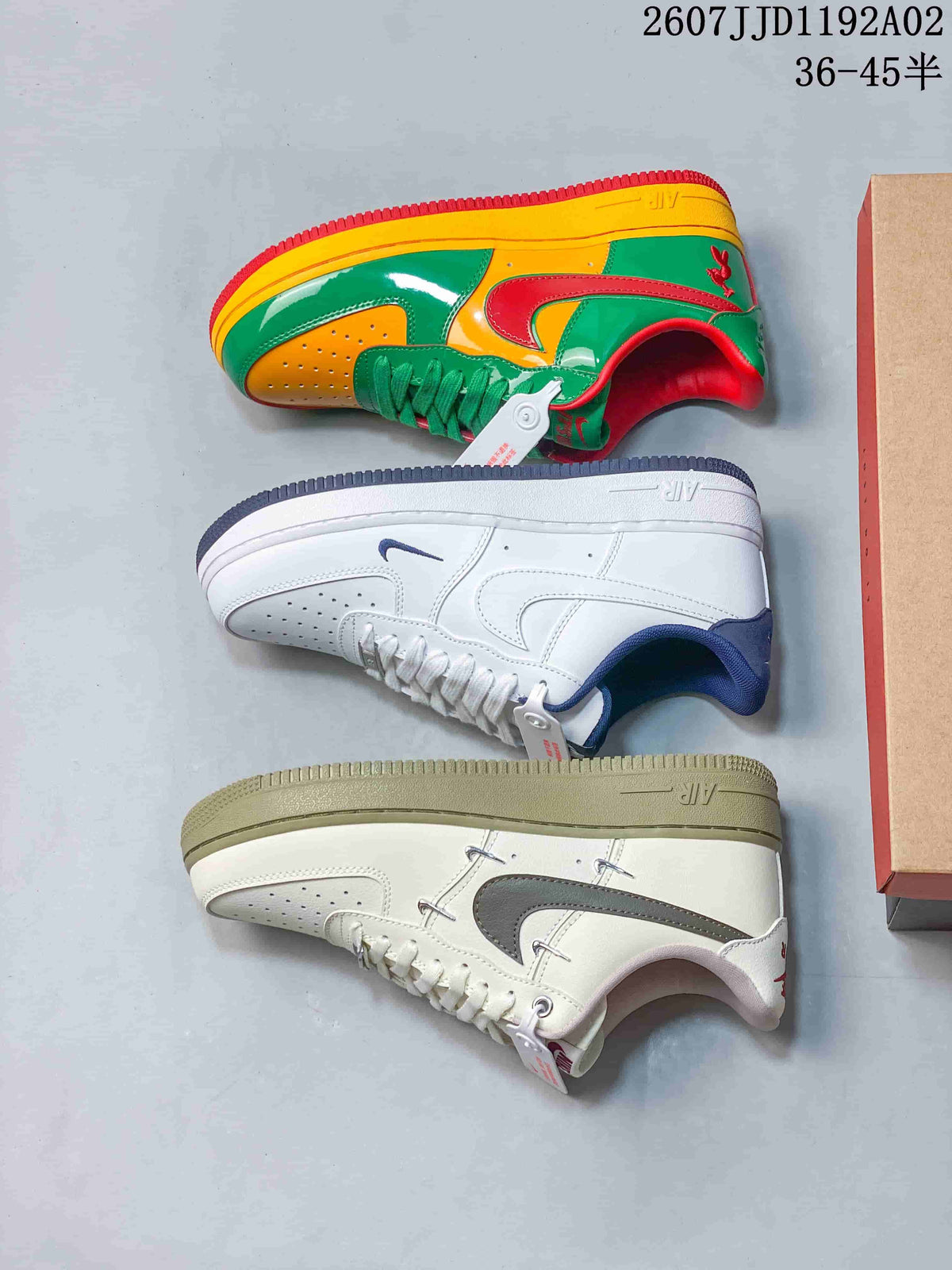 Three colorways of low-top sneakers, including green, yellow and red; white and blue; and cream and gray.