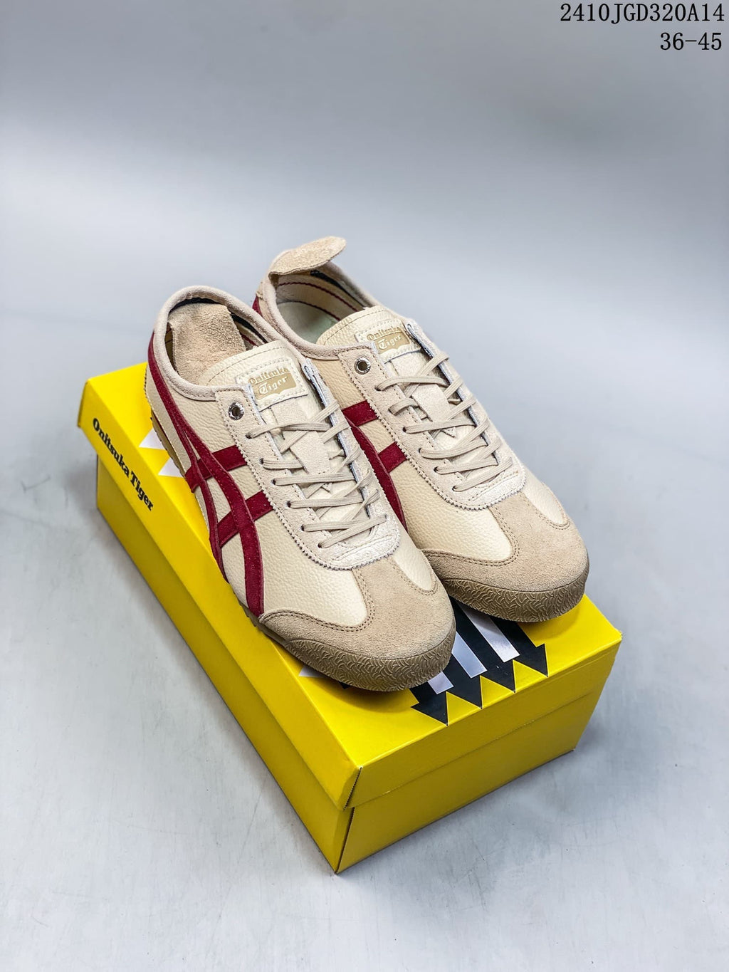 Pair of cream and red Onitsuka Tiger Mexico 66 sneakers displayed on a yellow shoebox; style code 2410JGD320A14 and size range 36-45 appear at the top right.