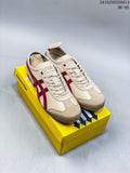 Pair of cream and red Onitsuka Tiger Mexico 66 sneakers displayed on a yellow shoebox; style code 2410JGD320A14 and size range 36-45 appear at the top right.