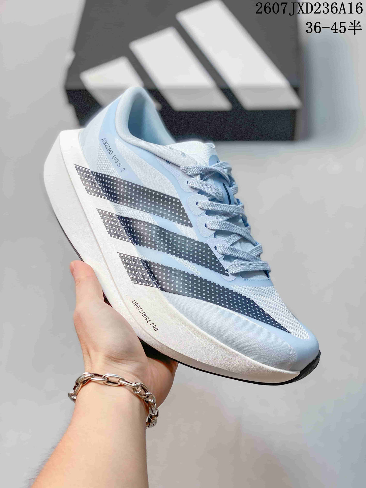 Side view of the adidas Adizero Evo SL 2 shoe showing the light blue upper, patterned stripes and white midsole with visible model text.