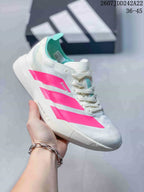 White Y-3 Adios Pro 4 sneaker with vivid pink side overlays and a turquoise collar accent; image text shows JDD242A22 and sizes 36–45.