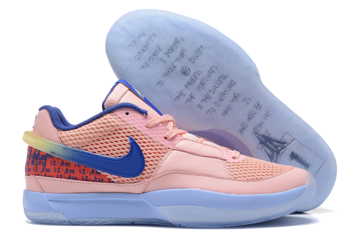 Pink Nike Ja 1 basketball shoes with blue and pale blue accents.