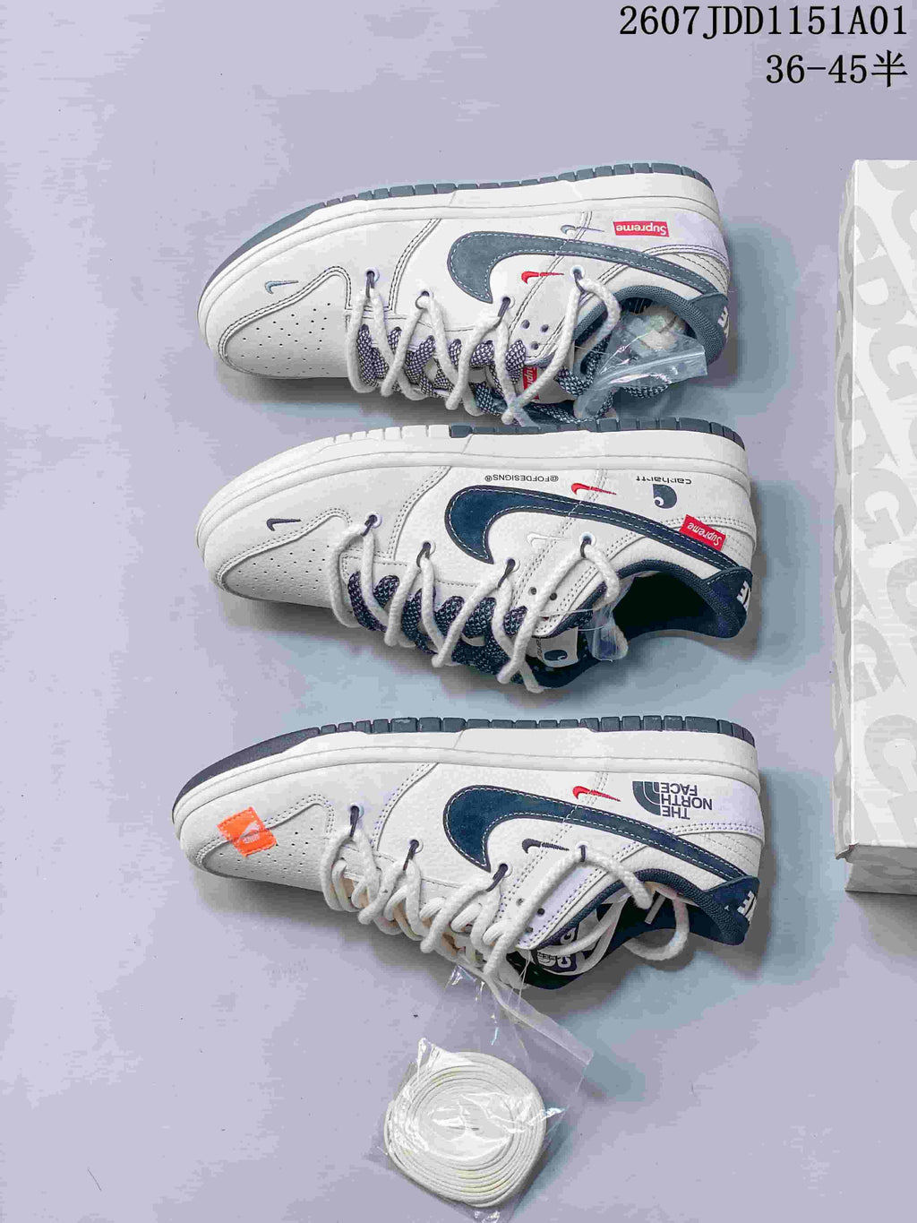 Several white low-top sneaker variations shown from the side, with extra laces and assorted graphic details.