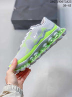 Side profile showing the gray and neon green upper, Nike Swoosh, and segmented translucent sole.