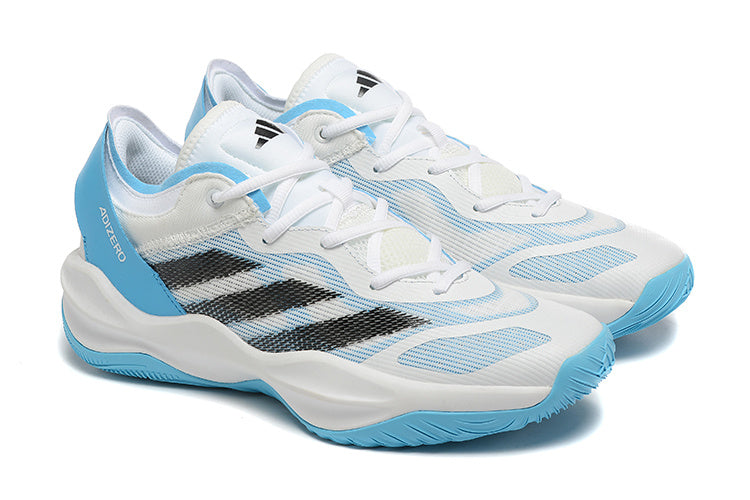 Pair of white Adidas Adizero shoes with blue accents, shown at an angle