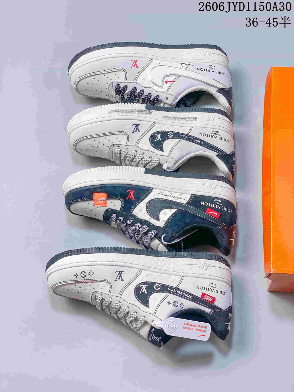 Four low-top sneaker variations displayed from the side, showing white, gray, and dark color combinations