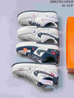 Four low-top sneaker variations displayed from the side, showing white, gray, and dark color combinations
