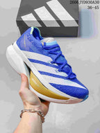 Blue and white adidas Adizero Prime X3 shoe with a gold-toned sole accent.