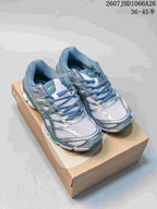 Pair of ASICS Gel-Cumulus 16 sneakers in blue, silver and green displayed on a shoebox; the image shows style code JHD1066A26 and a printed size range of 36–45.