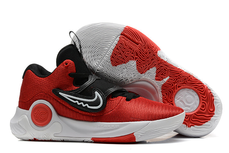 Red Nike KD basketball shoes with black accents and a white outsole.