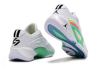 Rear and outsole views of white and green Jordan Luka 3 basketball shoes
