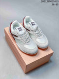 Pair of white and burgundy Miu Miu low-top sneakers displayed on a box, with style code 2607JYD625A15 and size range 36–45 visible above.