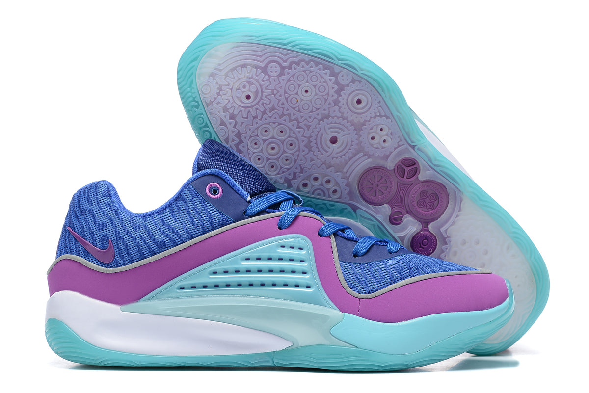 Blue Nike KD 16 shoes with purple and aqua accents and a patterned outsole.