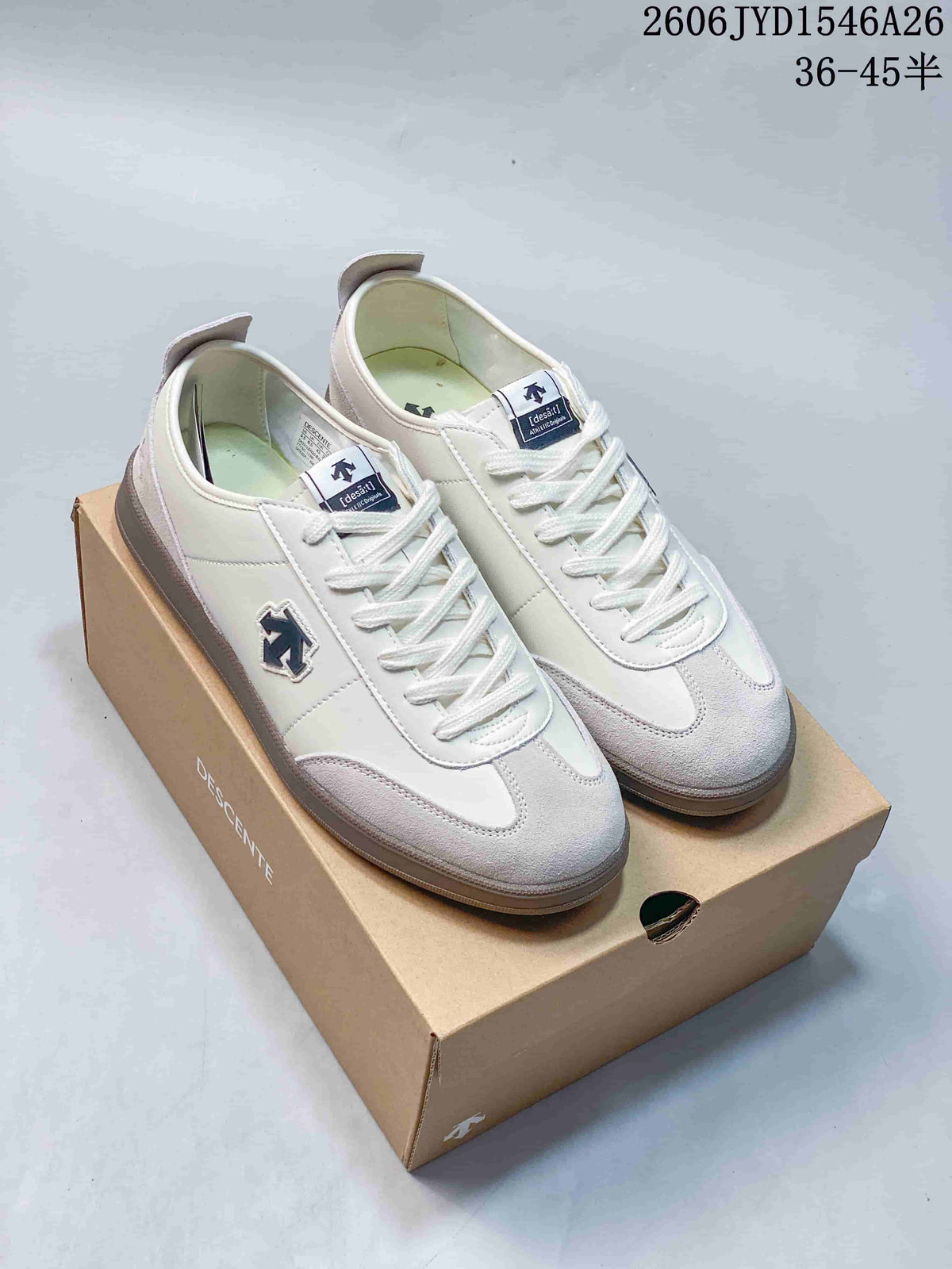 Pair of white and gray low-top sneakers with dark side emblems