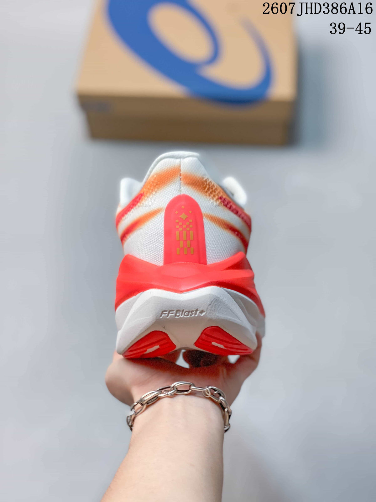 Rear view showing the red heel structure, white upper and visible FF BLAST branding on the midsole.