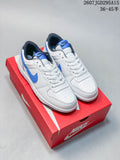 Pair of white and blue Nike low-top sneakers displayed on a red Nike shoe box.