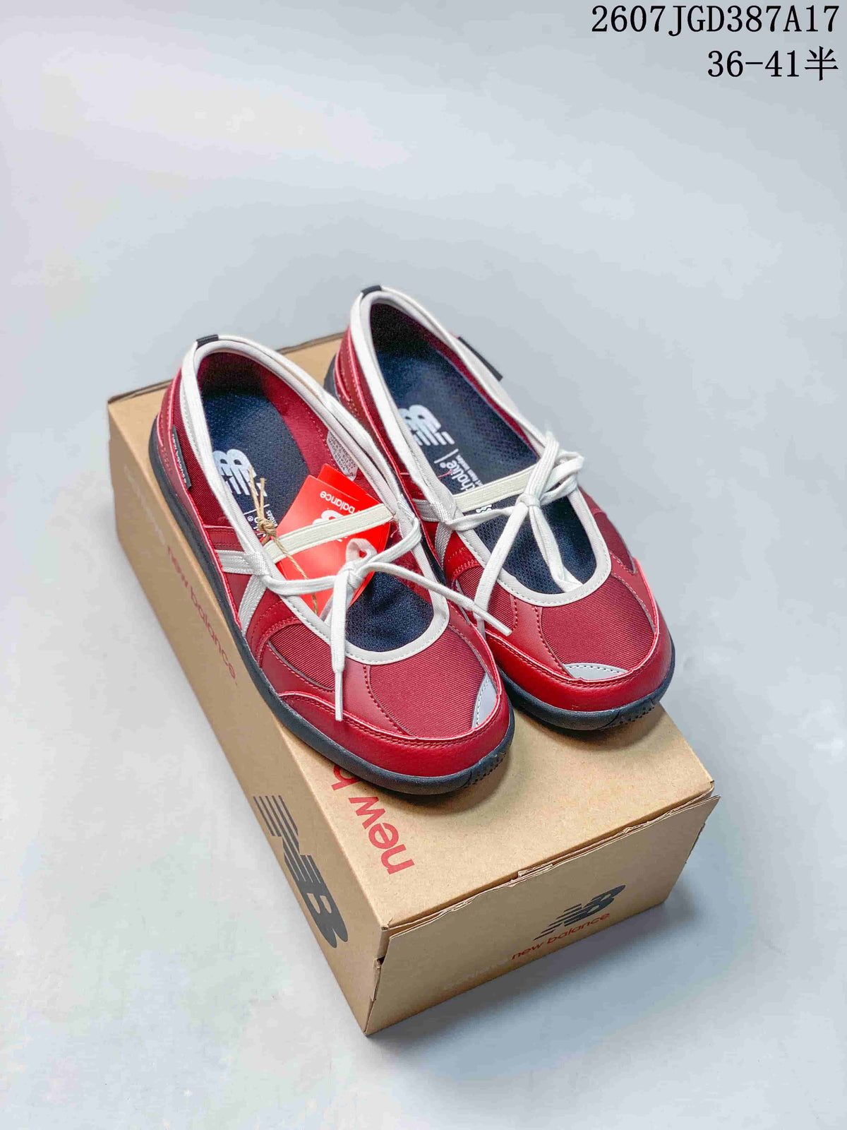 Red and white New Balance low-profile sneakers displayed on a New Balance box; image text shows style code 2607JGD387A17 and sizes 36–41 with half sizes.