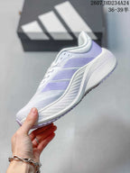 Side profile showing the white upper, lavender side stripes, and sculpted white midsole.
