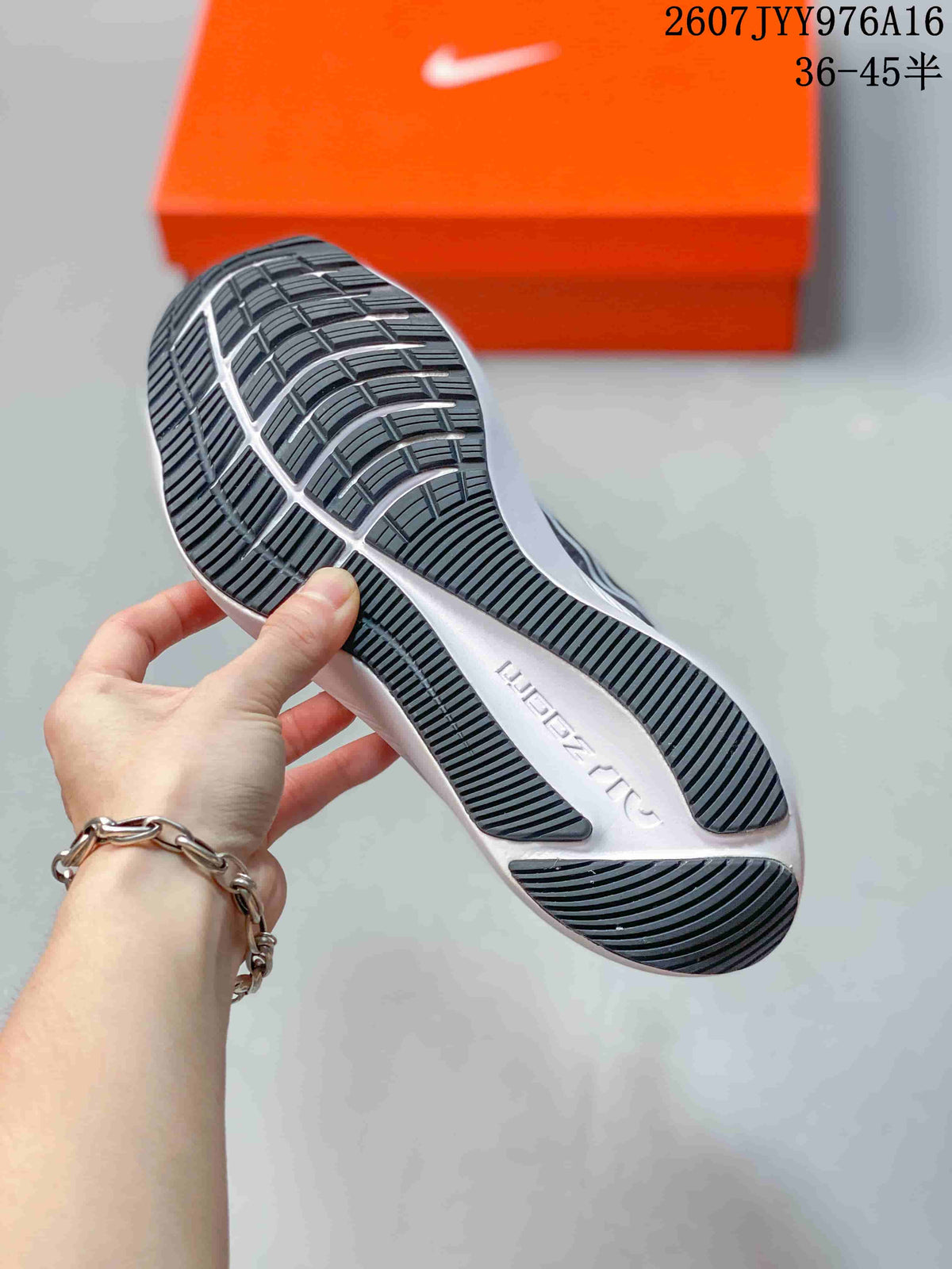 Close view of the patterned black and white outsole on a Nike Zoom Winflo 8 sneaker.