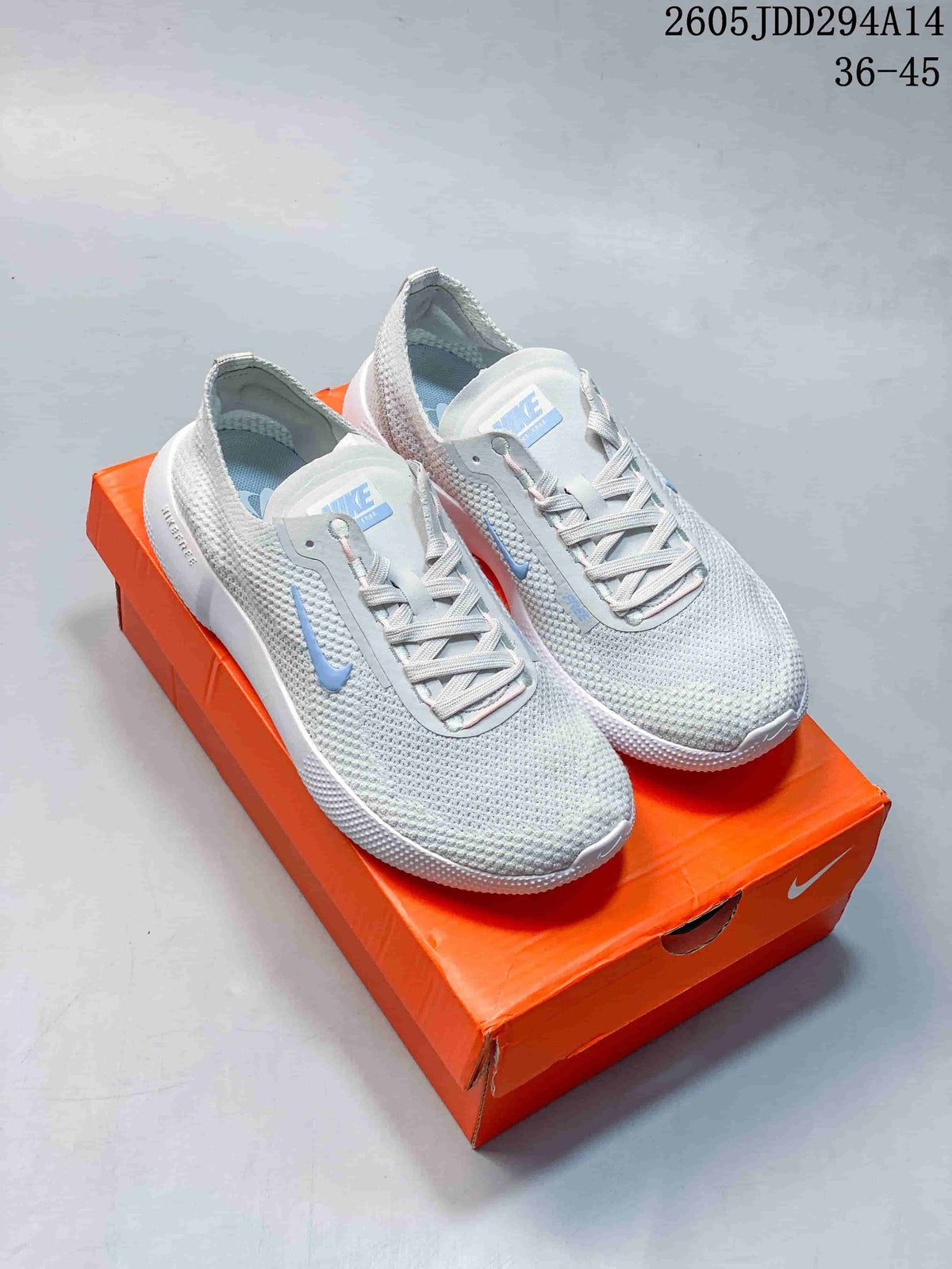 Pair of light gray Nike Free 2025 knit sneakers with blue Swoosh details displayed on an orange shoe box; image overlay shows style code JDD294A14 and size range 36–45.