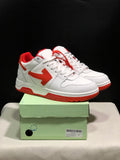 White and red Off-White Out Of Office sneakers displayed on a green shoe box, with size 41 visible on the label.