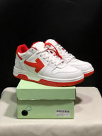 White and red Off-White Out Of Office sneakers displayed on a green shoe box, with size 41 visible on the label.